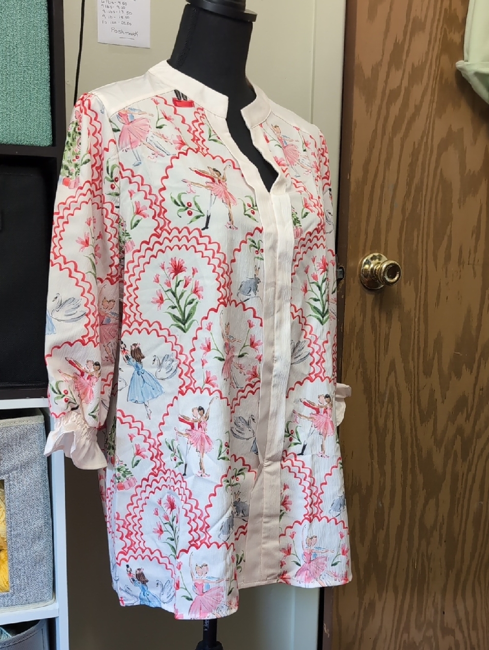 Whimsical Floral & Ballerina Pull Over Tunic - Pink & Green on Ivory-XL